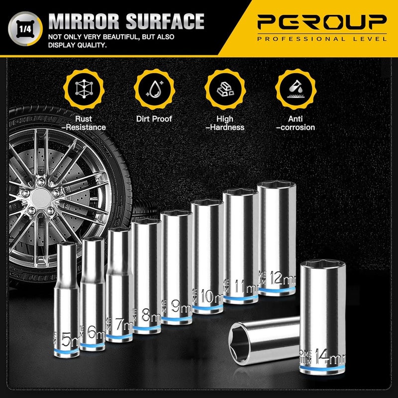 pgroup 10PCS 1/4” Drive Deep Socket Set, Metric (5mm-14mm), 6-Point, Cr-V Steel, Chrome Plated Socket With Hanging Bracket, Cover Most Commonly Sizes - Image 4